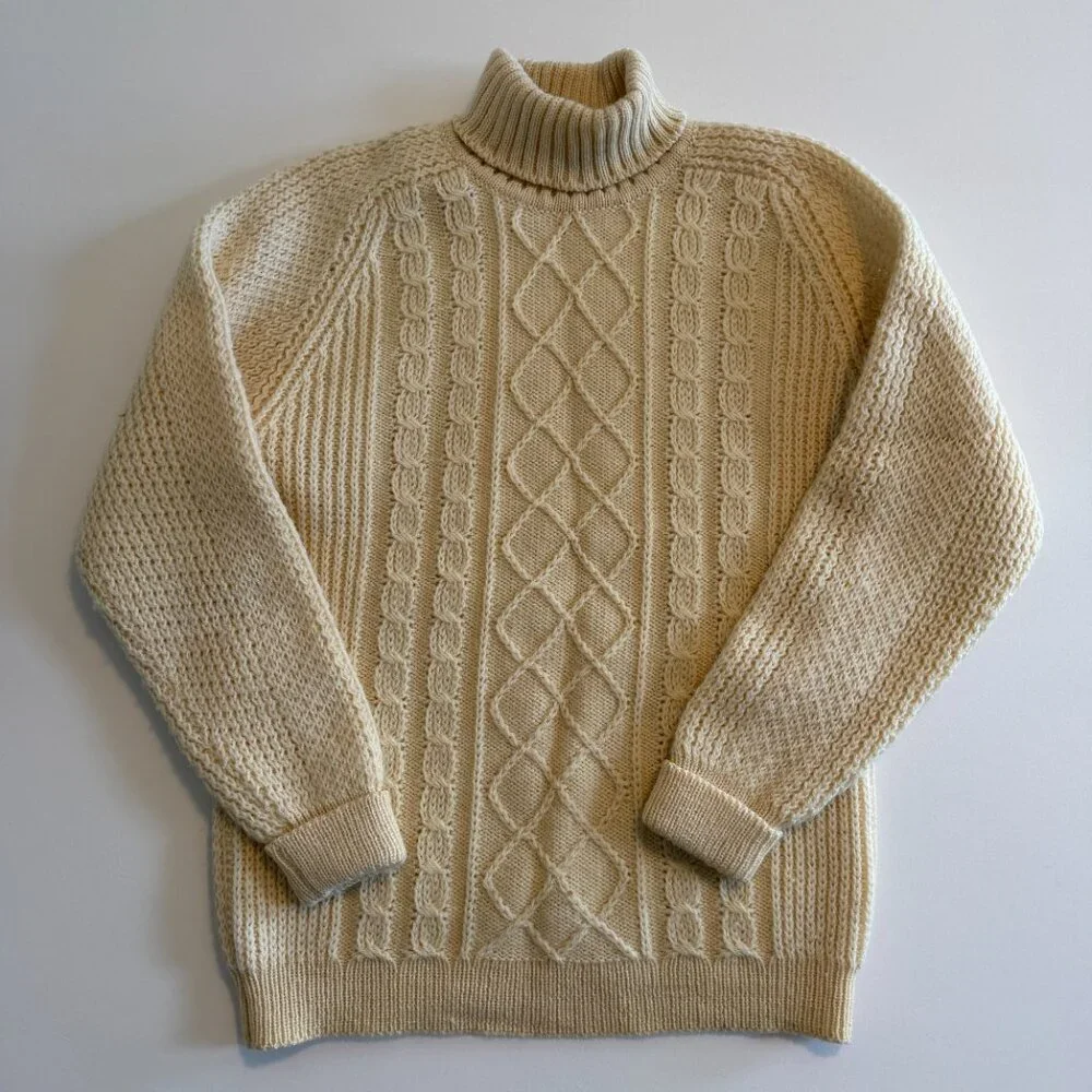 Vintage ST. MICHAEL 100% Wool Cable Knit Turtleneck Sweater Cream M